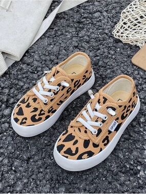 Kids Leopard Print Canvas Sneakers in Tan - Casual Lace-Up Shoes